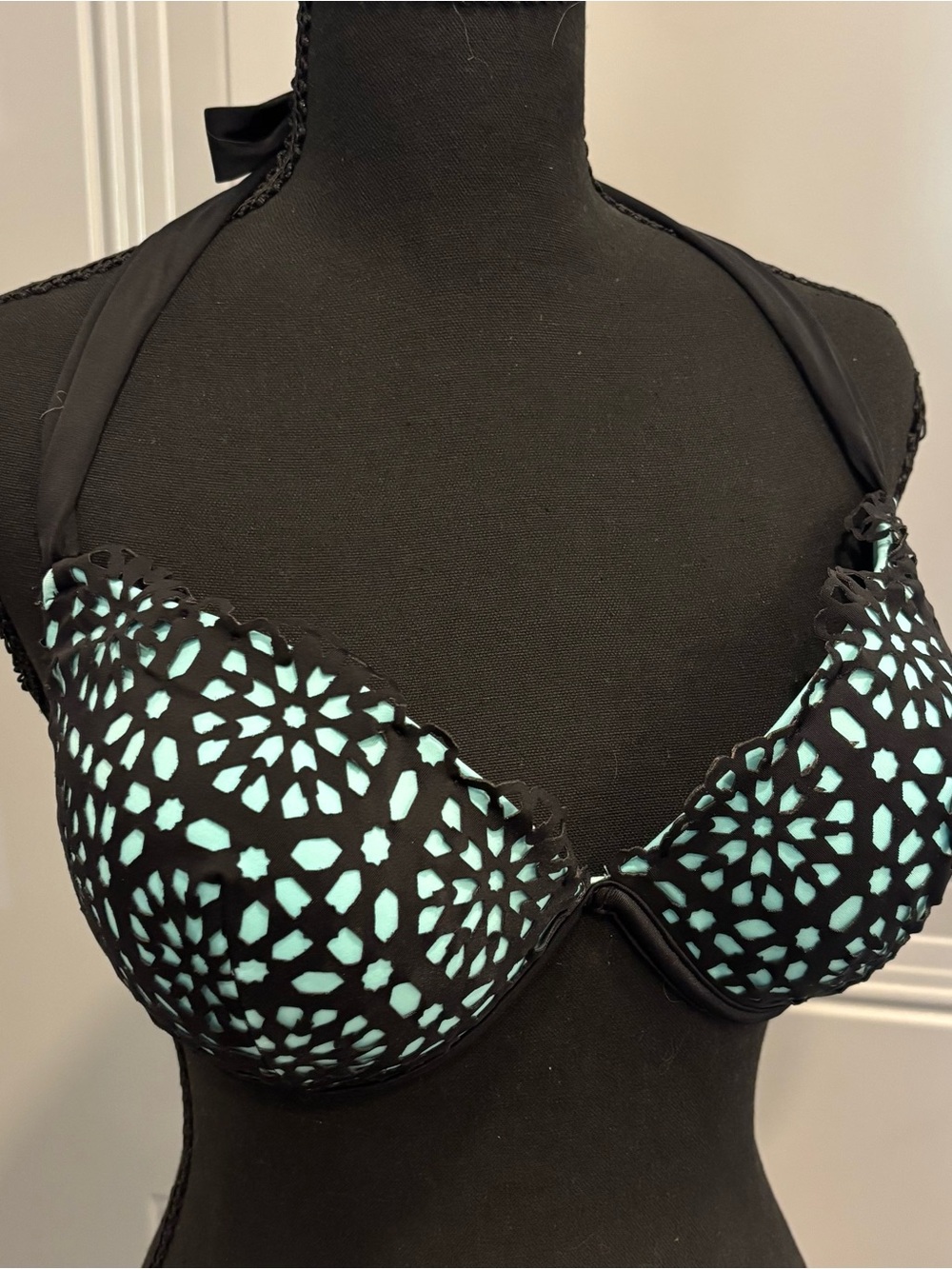 Black & Aqua Cutout Halter Bikini Top